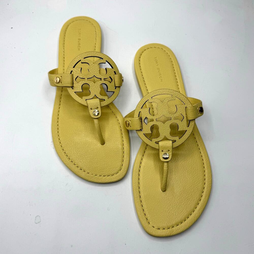 NEW NWT Tory Burch  Miller Slip On Tumbled Leather Thong Sandals Pale Butter 9 - Picture 4 of 8